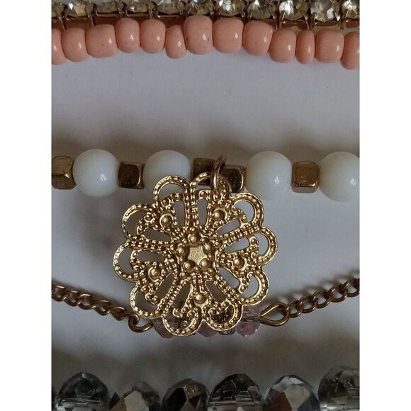 Charlotte Russe Set of 6 Gold Toned and Pink Assorted Beaded Elastic Bracelets - Picture 8 of 10